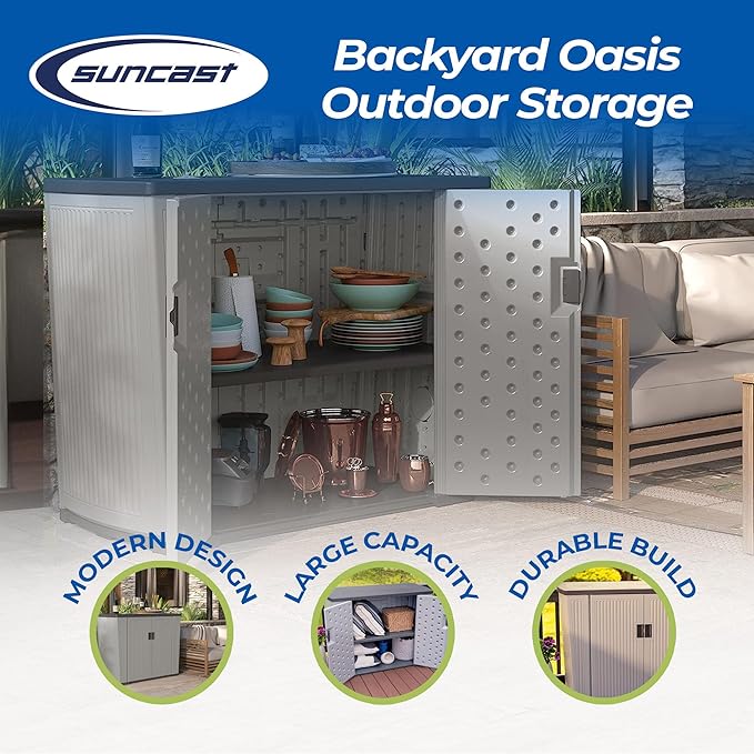 Suncast Outdoor Storage Shed for Patio and Garden, Backyard Oasis, 130 Gallon, Dove Gray