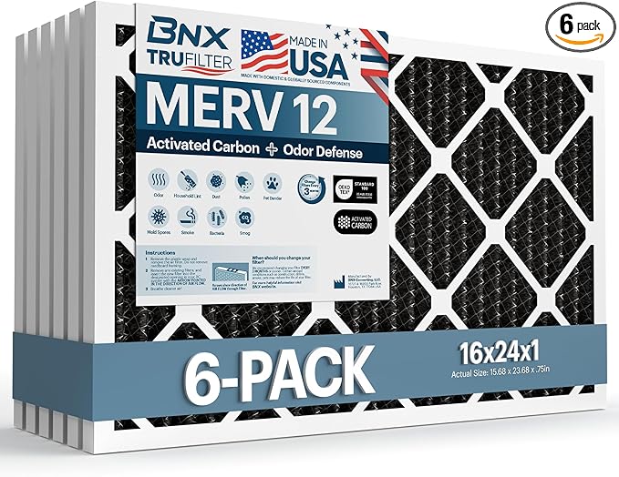 BNX TruFilter 16x24x1 MERV 12 Odor Defense (6-Pack) AC Furnace Air Filter with Activated Carbon - MADE IN USA - Pleated Air Conditioner HVAC AC Furnace Filters - Removes Odor, Mold, Bacteria, Smoke