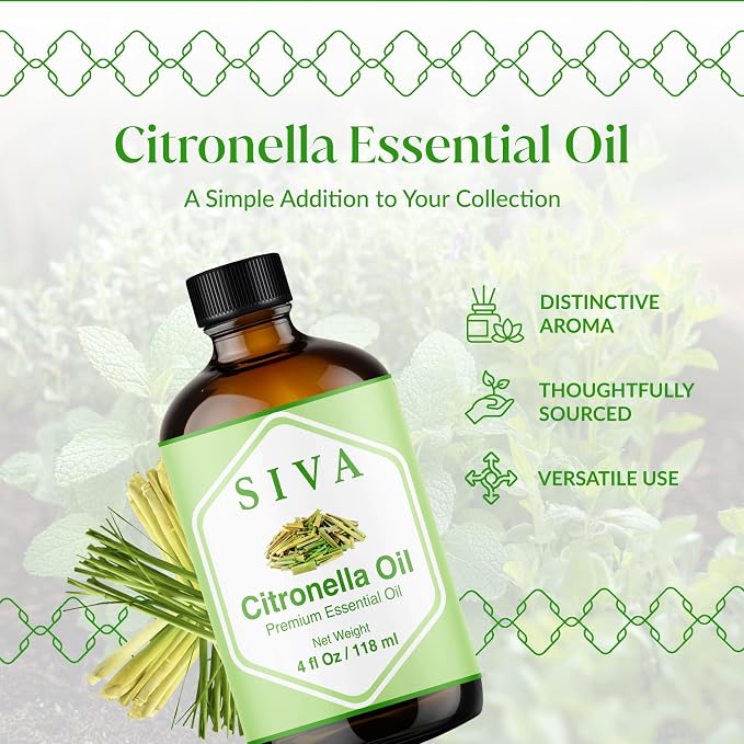 Siva Citronella Essential Oil, Glass Bottle with Dropper, 4 Fl Oz (118 ml) | Citronella Oil for Outdoor Spray, Patio, Diffuser, Home Fragrance, Candle, Soap, Body Massage, Cleaning Blends & DIY Projects