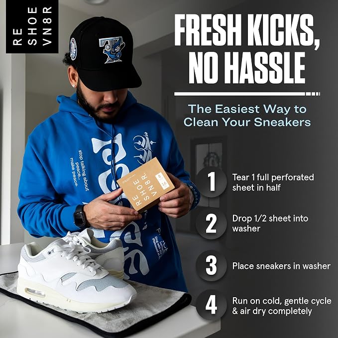 RESHOEVN8R Shoe Wash Detergent Laundry Sheets - 16 Loads, Cleans 48 Shoes | Eco-friendly formula safe on all shoes, laces & materials, for use in the washing machine