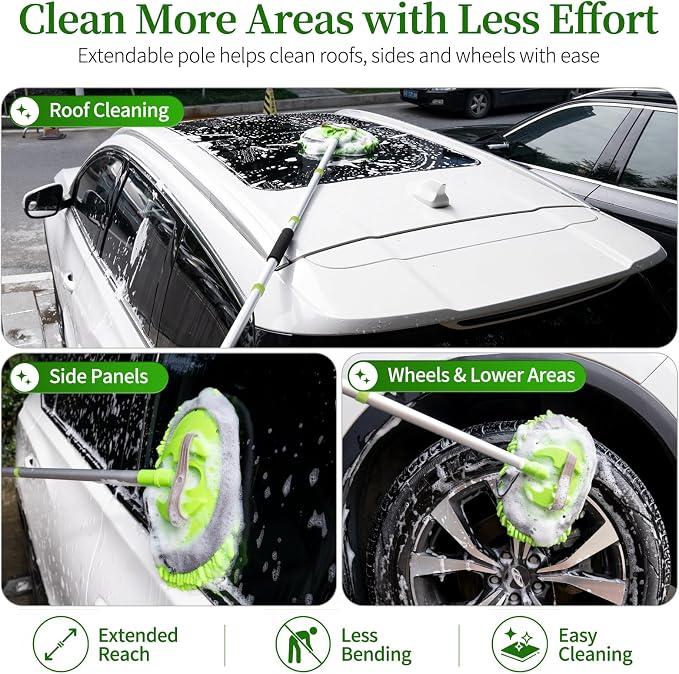 62" Car Wash Brush kit with Long Handle & 3 Scratch-Free Refill Mitt | Chenille Microfiber Car Washing Mop Head, Car Wash Stick, Car Brush Clean Kit, Car Cleaning Supplies for RV Truck Boat, Green
