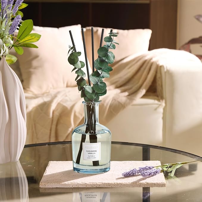 Cashmere Vanilla Reed Diffuser, 6.76 oz | Real Dried Eucalyptus Leaves, 8 Reeds, Long-Lasting Essential Oil, Home Fragrance, Bedroom or Bathroom Décor