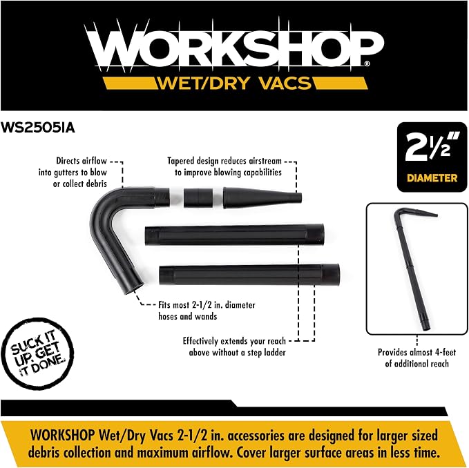 WORKSHOP Wet/Dry Vacs WS25051A 2-1/2-in. Gutter Cleaning Vac Attachment Kit | Collects or Blows Debris Out of Gutters, For WORKSHOP Shop Vacuum Cleaners, Fits 2-1/2-inch Extension Wands and Hoses