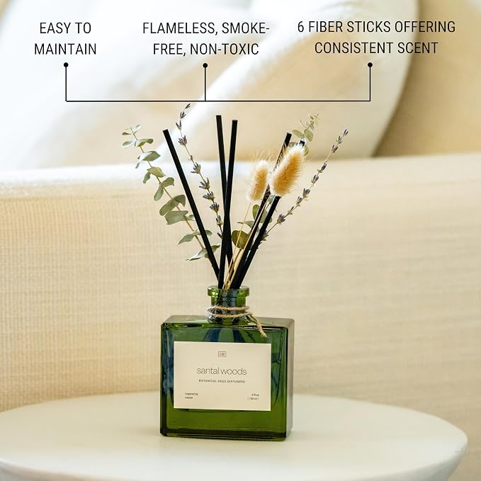 Craft & Kin Premium Santal Woods Reed Diffuser with Dried Flowers – 5 oz Essential Oil Diffuser for Home & Bathroom – Long-Lasting Fragrance Diffuser Sticks – Room Decor Air Freshener