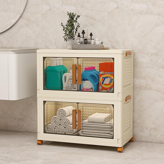 Plastic Stackable Storage Bins with Lids and Wheels, Foldable Closet Organizers and Storage Containers for Bathroom, Collapsible Clear Drawer Storage Cabinet with Doors White 45Gal 2Tiers