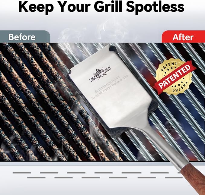 Bristle-Free Steam Cleaning Grill Brush Kit – Luxurious Long Rosewood Handle, Includes 1 Replacement Head – Safe BBQ Grill Cleaning for Outdoor Grill – Great Gift for Men/Dad