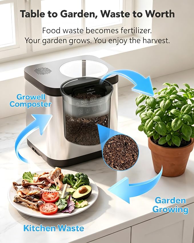 Growell 4L Electric Composter for Kitchen, Countertop, Indoor Compost Bin | Dual Carbon Filter, LED Touch Panel, Auto-Clean, Long-Life Brushless Motor, <40dB, Visible Window, Food Wast Recycler, Silver