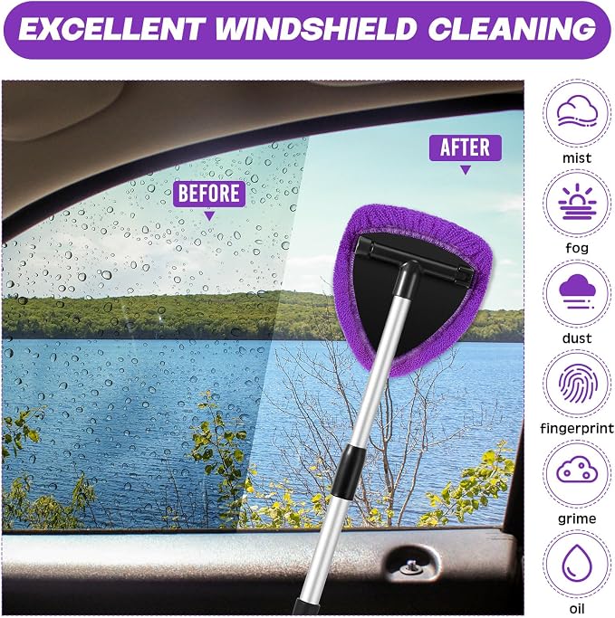 Potchen 8pcs Car Windshield Cleaner Tool with Extendable Handle, Purple | with Microfiber Towel Pads, Brush, Empty Spray Bottle, Car Window Cleaner for Auto Glass Wiper Suvs Rvs & Home Windows
