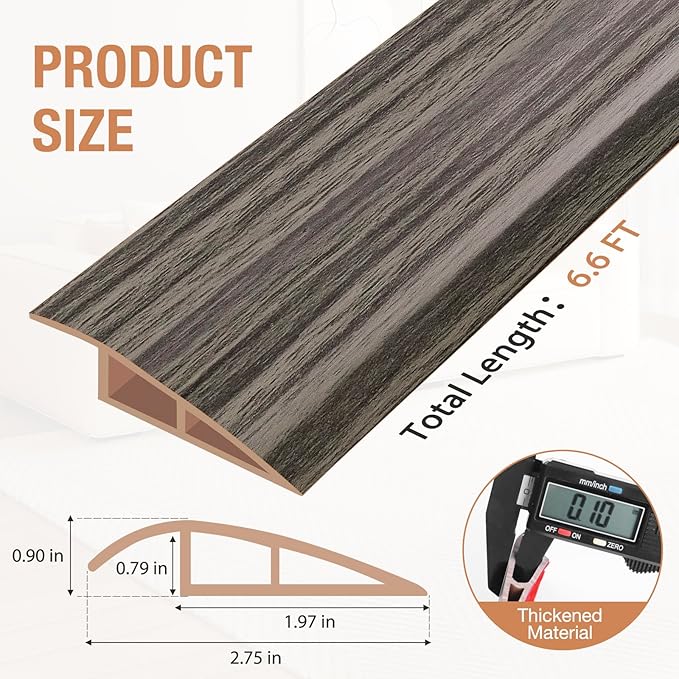 Floor Transition Strip Self Adhesive Vinyl Door Threshold for Doorways Carpet Edging Trim Overlap Edge Reducer for Laminate Floor, Carpet, Tile (Grayish Brown Wood Grain, 3/5" to 4/5", 6.6Ft)
