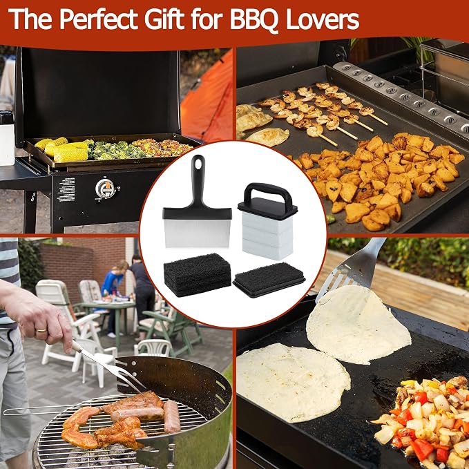 Griddle Cleaning Kit for Blackstone | Professional Flat Top Grill Cleaning Kit, with Heavy Duty Griddle Scraper, Grill Bricks, Scouring Pads & Ergonomic Handles