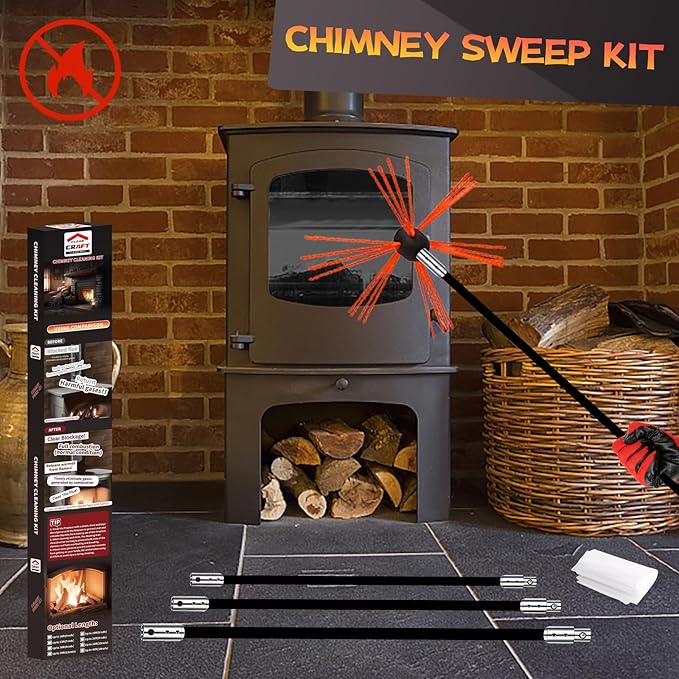 39 Feet Chimney Sweep Kit, Chimney Cleaning Kit with 12 Flexible Black Chimney Rods, Chimney Brush for Sweeping Fireplace, Rotary Chimney Cleaning System Driven by Drill