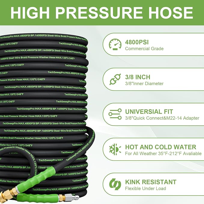 3/8" 4800PSI Pressure washer hose 50ft for cold and hot water Max 248°F with 3/8"quick connect Kink resistant Steel Wire Braided Power Washer Hose with M22 14mm Adapter，Green