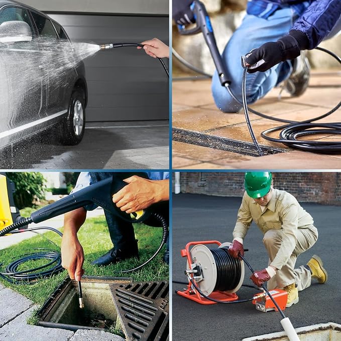 50FT Sewer Jetter Kit for Pressure Washer 5800PSI Drain Cleaner | 1/4" NPT Hose with 4 Jetting Nozzles Handle Strap Waterproof Tape and Spanners for Drain Cleaning