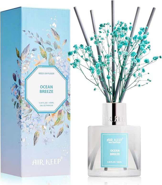 Reed Diffuser Set,3.38 fl oz (100 ml) - Ocean Breeze Oil Diffusers with 8 Reed Sticks, Home Fragrance Reed Diffuser for Bathroom Shelf Decor