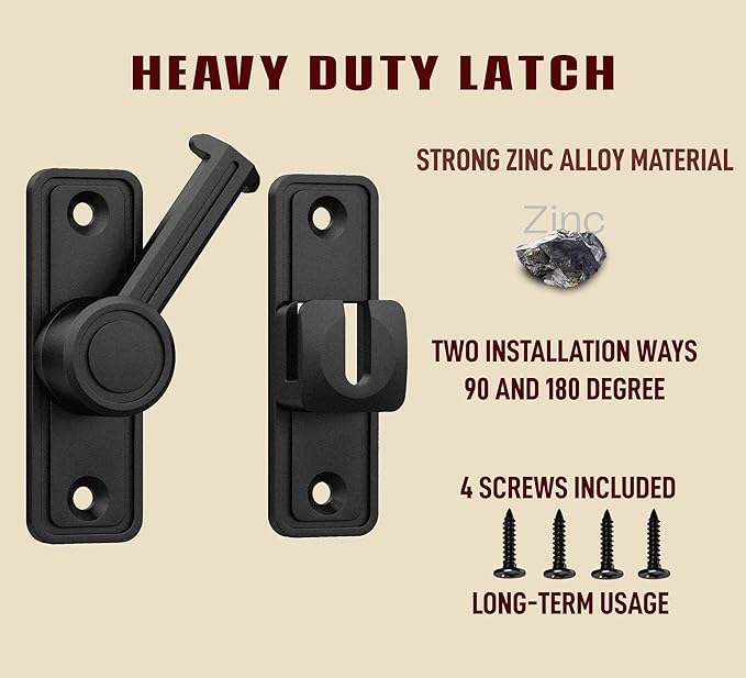 Barn Door Privacy Latch, 90°/180° Swing Slide Lock, Zinc-Alloy, Adhesive or Screw Mount, Interior Use for Bathroom/Bedroom/Closet/Shed, Includes Screws & Glue - Black