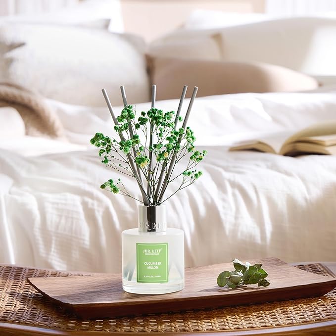 Reed Diffuser Set,3.38 fl oz (100 ml) - Cucumber Melon Oil Diffusers with 8 Reed Sticks, Home Fragrance Reed Diffuser for Bathroom Shelf Decor