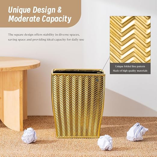 Bathroom Trash Can, Stylish Garbage Container Bin for Living Room, 1.32 Gallon/5 Liters Gold Small Trash Can, Waste Basket for Bathroom, Kitchen, Office, Bedroom-Room Decor