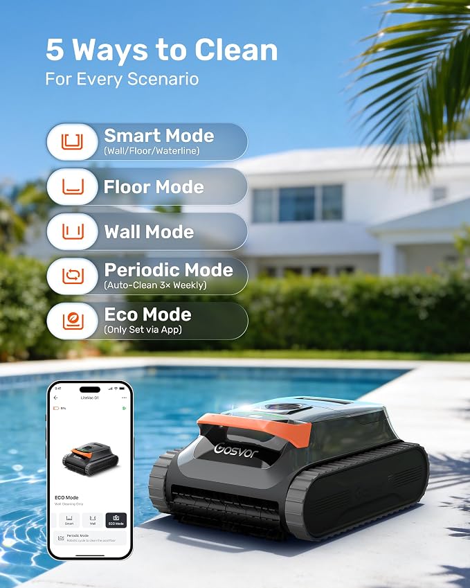 Gosvor LiteVac G1 Pool Vacuum Robot, Wall & Waterline & Platform Cleaning | Up to 200-Min Runtime, 15.2 lbs Lightweight, with Fine Filter, For Inground & Above Ground Pools, APP Support, Orange