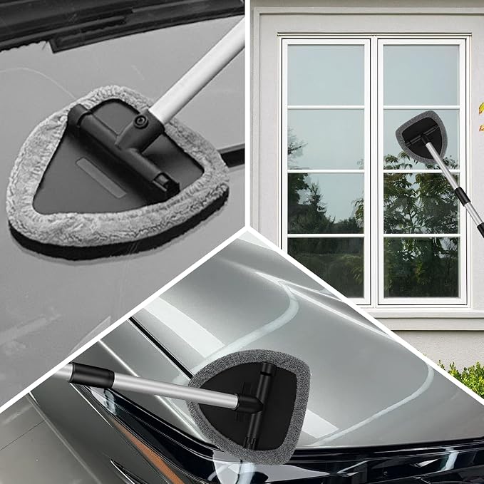 Car Windshield Cleaner Tool Kit with Extendable Handle, Vehicle Window Cleaner with 4 Microfiber Pads and 1 Empty Spray Bottle, Auto Windscreen Cleaning Tool, Universal Fit (Triangle)