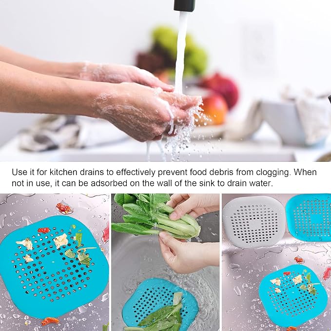 4 Pcs Shower Drain Hair Catcher Bathtub Stopper Home Drain Protectors Drain Cover with Sucker Water Trap Sink Cover for Bathroom Bathtub and Kitchen (Blue)