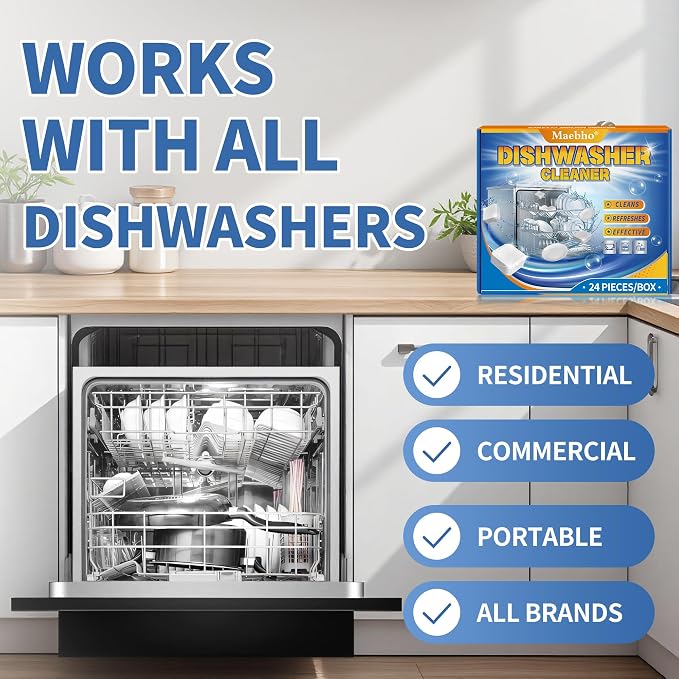 24 Pack Dishwasher Cleaner and Deodorizer Tablets – Natural Heavy Duty Deep Cleaning Descaler pods, Compatible with All Dish washer Models, Removes Limescale Grease& Odor, Septic Safe(1-Year Supply)