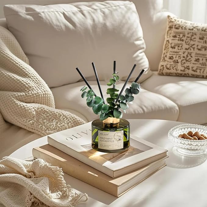 Reed Diffuser Set with 6.76 fl oz Wild Mint & Eucalyptus Scent Essential Oils and 3 Leaves & 8 Diffuser Sticks,Bathroom Shelf Decor & Air Freshener, House Bedroom Office Decor & Gifts