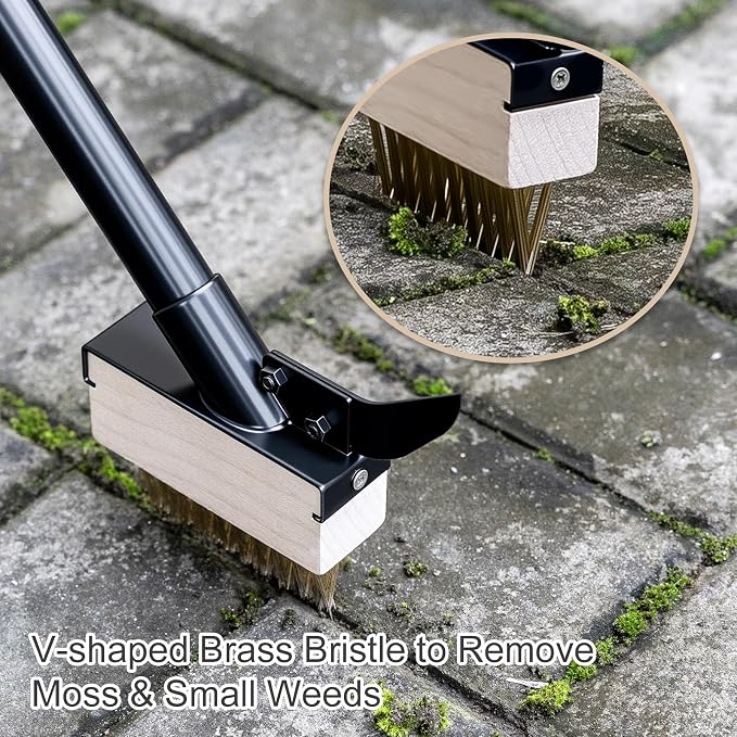 Weed Moss Remover Brush with Long Handle(57IN), Crack Weeder Moss Removal Tool with Wire Brush & Scraper, Weed Puller Crevice Cleaning, Remove Weeds on Roof Deck Driveway Paver(4 Brushes)