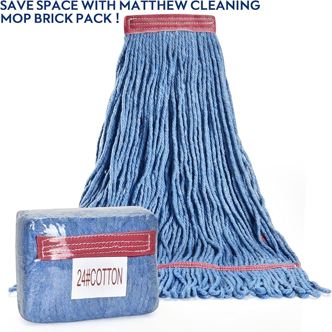 Matthew Cleaning 24oz Heavy Duty Mop Head Commercial Replacement for General and Floor Cleaning , Wet Industrial Blue Cotton Looped End String Head Refill (Case of 12) Blue