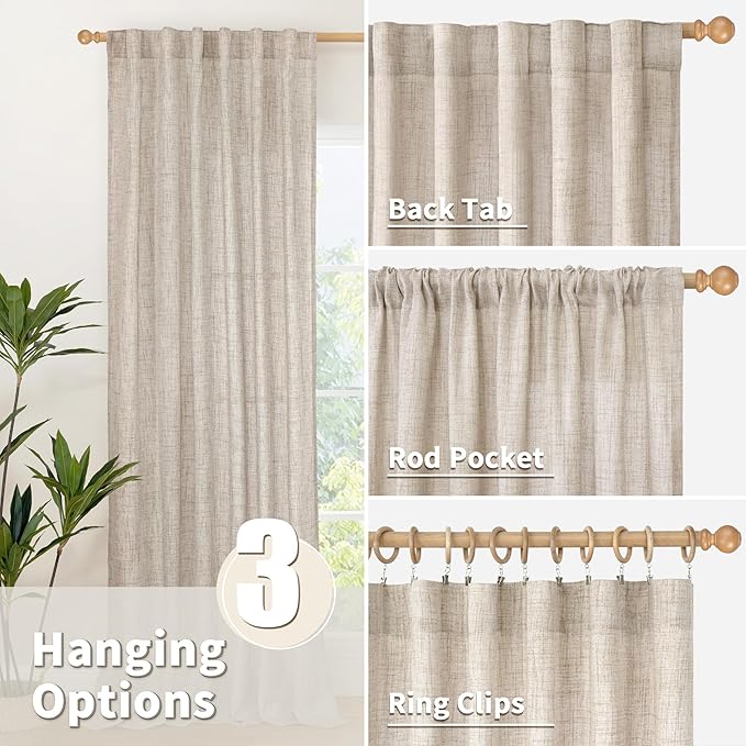 YoungsTex Linen Semi Sheer Curtains 63 Inch Length 2 Panels for Window, Light Filtering Drapes Rod Pocket for Living Room Bedroom Office Farmhouse Burlap Textured Lightweight Back Tab, 42 X 63 Inch