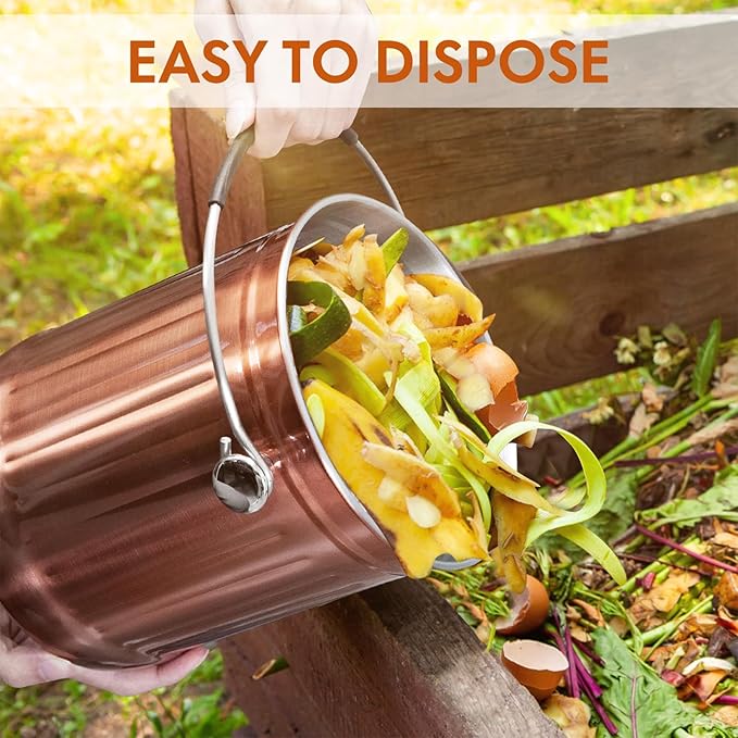 ENLOY Compost Bin for Kitchen Countertop, 1.3 Gallon Matte Copper Stainless Steel Compost Bucket with Lid, Odorless Food Waste Bucket with 2 Charcoal Filters, Indoor Compost Pail with SOFT-GRIP Handle