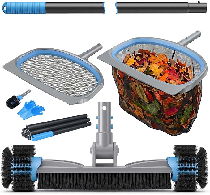 UIRWAY 6-in-1 Deluxe Swimming Pool Cleaning Kit - Includes Detachable Pool Brush, Deep Leaf Skimmer & Fine Mesh Net, Small Brush, Gloves, Adjustable Aluminum Pole Inground & Above Ground Cleaning