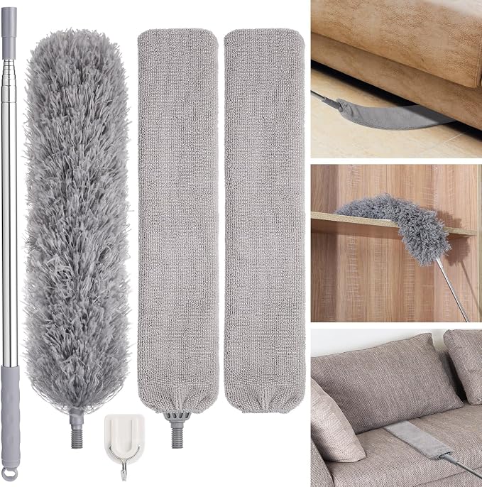 Feather Duster Set (4 Pieces), 30-100 inch Microfiber Retractable Gap Duster for Cleaning Ceilings, Furniture Refrigerators and Under Sofas | Bendable Head for Corner Cleaning, Washable Reusable Duster, Household Tool for Ceiling Furniture Under Sofa