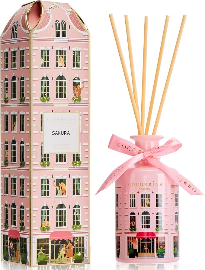 Reed Diffuser - Sakura 6.76 fl oz Reed Diffuser with 8 Sticks Home Fragrance Bathroom Shelf Decor (Festive House Collection)