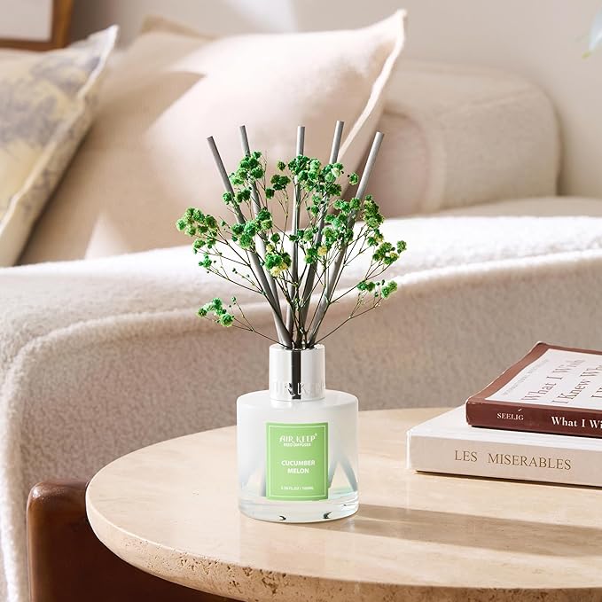 Reed Diffuser Set,3.38 fl oz (100 ml) - Cucumber Melon Oil Diffusers with 8 Reed Sticks, Home Fragrance Reed Diffuser for Bathroom Shelf Decor