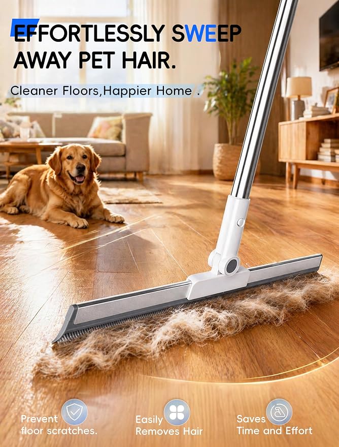 Floor Squeegee Broom with Long Handle, Heavy Duty Rubber Squeegee Kit, Scrubber for Tile Floor, Garage, Concrete with 2 Long Handles, 2 Squeegee Heads & 1 Cloth (Textured Blade 2-Pack)