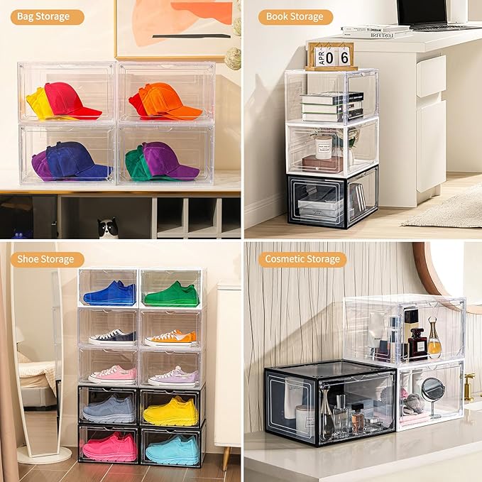 12 Pack Clear Shoe Boxes Stackable,Large Shoe Storage Organizer with Magnetic Door,Drop Side Shoe Containers for Entryway,Sneaker Storage Fit up to US Size 12 for Men/Women