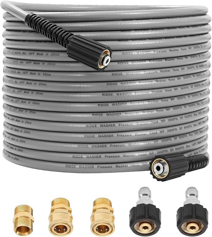 RIDGE WASHER Pressure Washer Hose 50FT, 1/4 Inch, M22 14 Fitting | Kink Resistant, 3600 PSI, Compatible with Most Pressure Washer Accessories