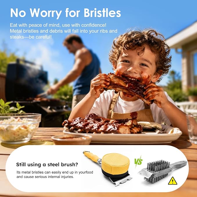 Grill Brush Bristle Free with Scraper, Safe Steam Grill Cleaner for BBQ & Griddle Fire Resistant Outdoor Grill Cleaning Brush with Replaceable Head & Long Handle, Ideal BBQ Gifts for Men Dad