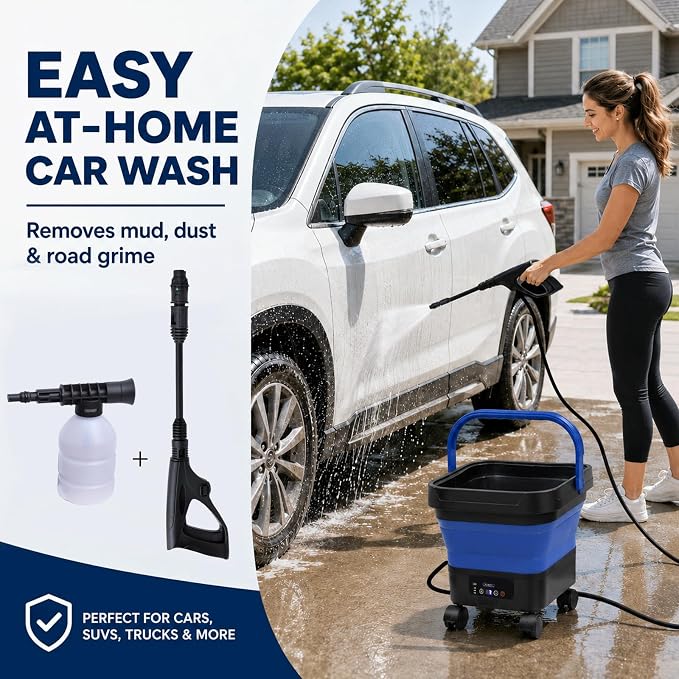 Portable Cordless Washer with 3.4Gal Tank, 580PSI, 7-Level Adjustable Sprayer, 360° Rotating Nozzle, 23FT Hose, 20000mAh Battery, Foldable Design with Wheels for Car, Camping, Garden (Blue)