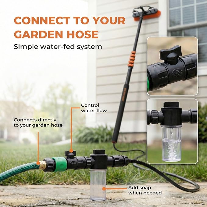 Briliantwerk Solar Panel Cleaning Brush 20 ft Extension Pole | Water Fed Pole Brush with Soap Dispenser for Solar Panels, Windows and Siding - Heavy Duty, Streak-Free Solar Cleaning Kit