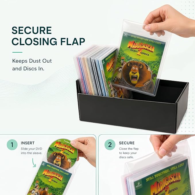Tarifold DVD Storage Sleeves with Closing Flap & Space for Cover, 100 Pack | Holds DVD, cover art and booklet; 120-micron polypropylene; scratch and dust resistant