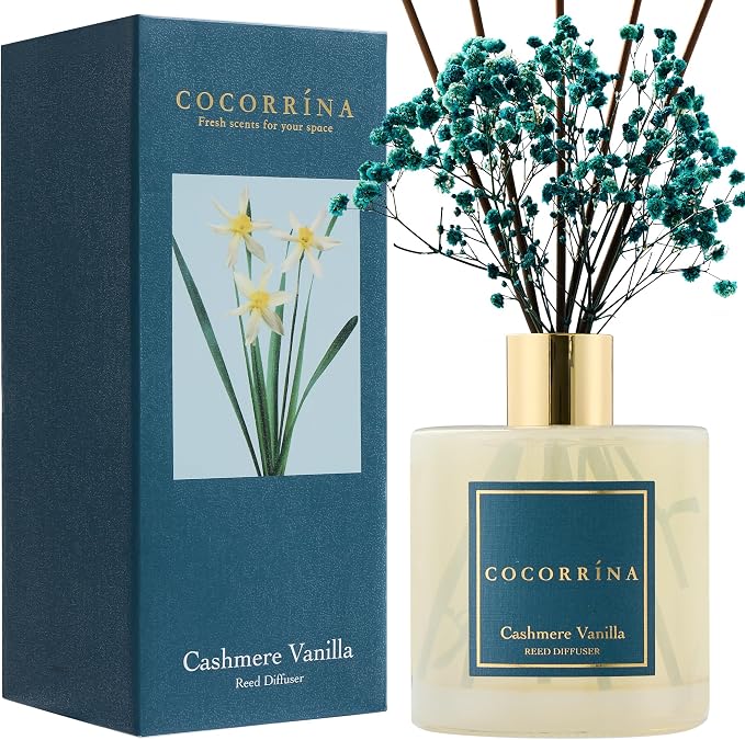 Reed Diffuser - Cashmere Vanilla 17 Fl.oz Reed Diffuser with 8 Sticks Scented Diffuser with Preserved Flowers for Bathroom Home Decor