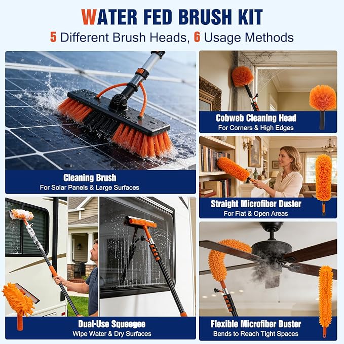 Up to 30FT Reach Water Fed Pole Window Cleaning System, 24FT Telescopic Pole with 180° Rotating Brush & Soap Dispenser, Solar Panel Cleaning Kit for Windows, Gutters & RV