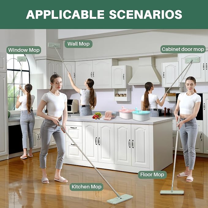 JOYMOOP Flat Mop Replacement Set, Microfiber Cleaning Head with 60" Handle and Flexible 15" Frame, Green, for Floor and Wall Cleaning