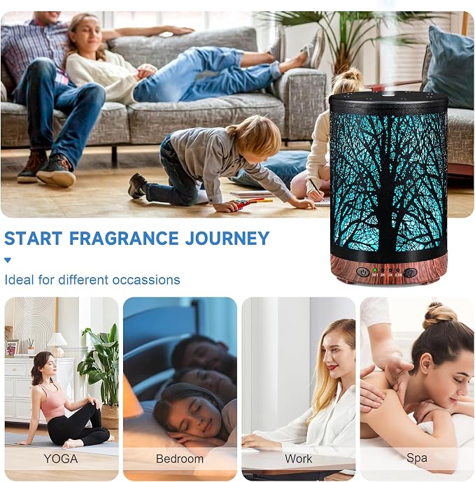 Essential Oil Diffuser 120ML Metal Aromatherapy Diffuser with Timer, Cool Mist Humidifier with Auto Shut-Off & 7 Color Lights for Home Office Spa (Tree)
