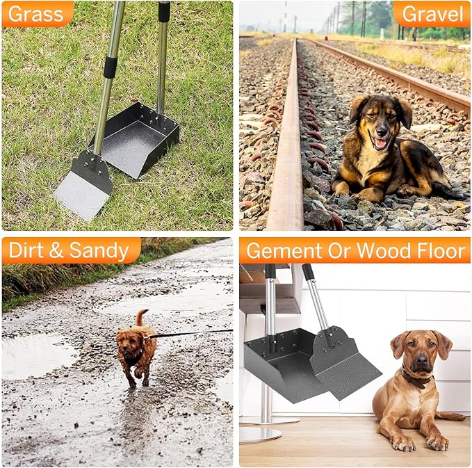 Dog Pooper Scooper, Metal Tray & Spade with 38.2" Long Handle | Medium Dog Poop Scooper: 6.5x6.7x2.5in Tray, 5.1x3.3in Spade, No-bend Pickup, Easy Rinse, Tool-free Setup
