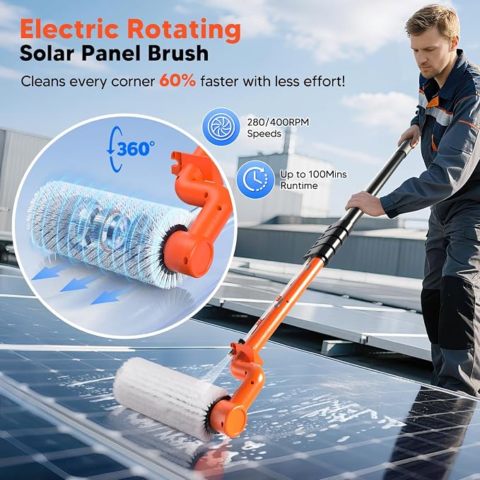 Electric Solar Panel Cleaning Kit, 20FT Telescoping Water Fed Brush | 2 spin speeds and up to 2 hours of runtime for solar panels, high windows, roofs, RVs, boats, and outdoor surfaces.