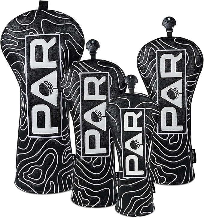 Big Teeth Golf Club Covers Full Set Driver Headcover Fairway Wood Hybrid Golf Club Iron Head Covers, Topographic Edition Putter Cover Leather Golf Head Covers Pure Black, Gifts for Men