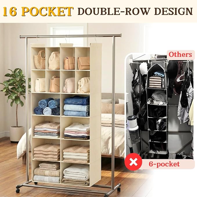 6 Tier Hanging Closet Organizer, 16 Compartments Dual Row Storage, Beige | Closet Organizers and Storage with Large & Small Pockets, 3 Sturdy Hooks Support Heavy Loads, Ideal for Dorm, Garment Rack