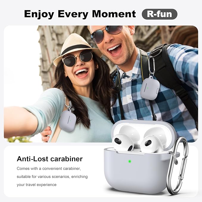 R-fun Compatible with AirPods 3 Case Cover, Silicone Protective Accessories Skin with Keychain Compatible with Apple AirPod 3rd Generation 2021 for Women Men Girls Boys,Front LED Visible,Light Grey